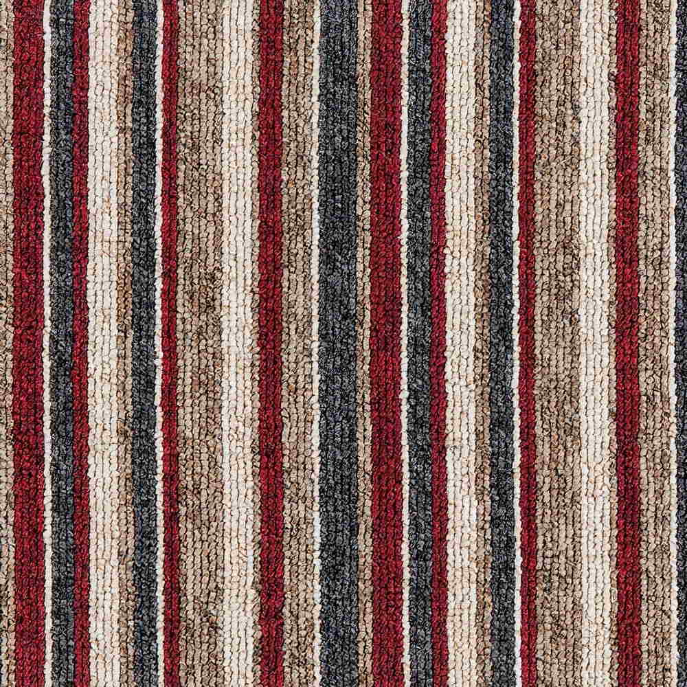 Striped carpet with red, beige, and gray vertical stripes